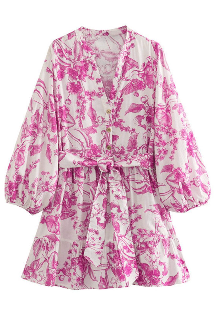 Watercolor Hot Pink Flower Lantern Sleeves Mini Dress