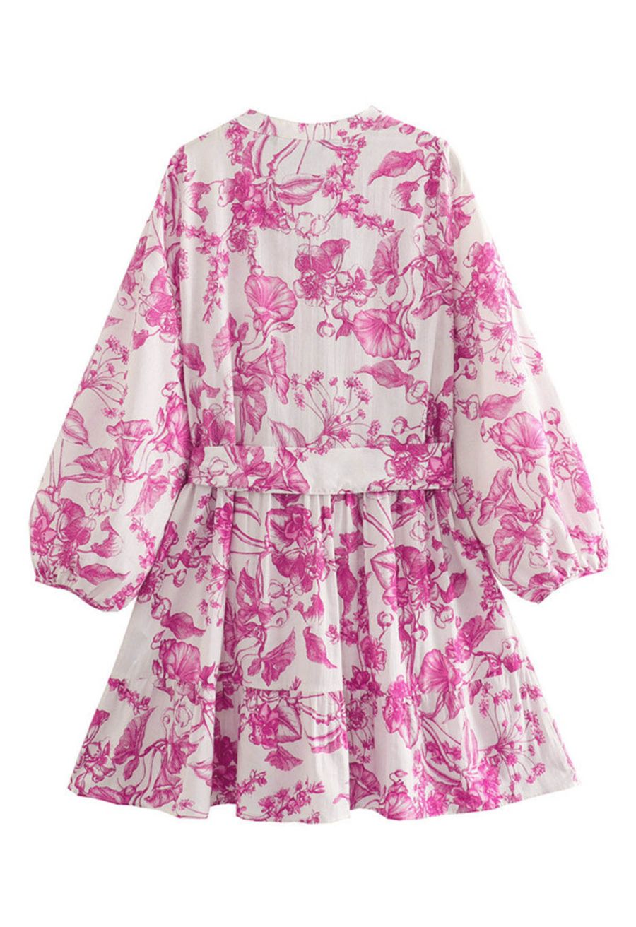Watercolor Hot Pink Flower Lantern Sleeves Mini Dress