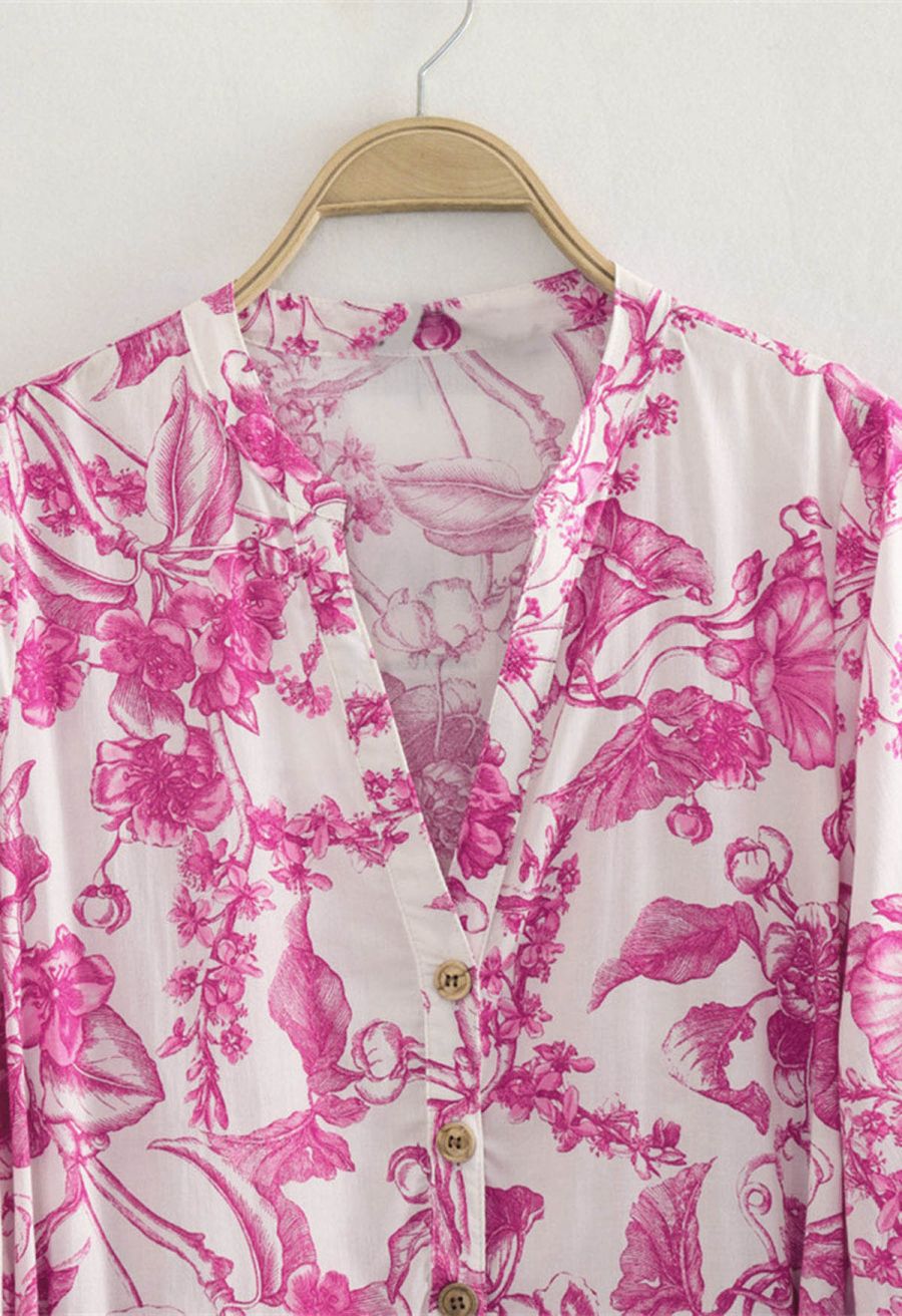 Watercolor Hot Pink Flower Lantern Sleeves Mini Dress