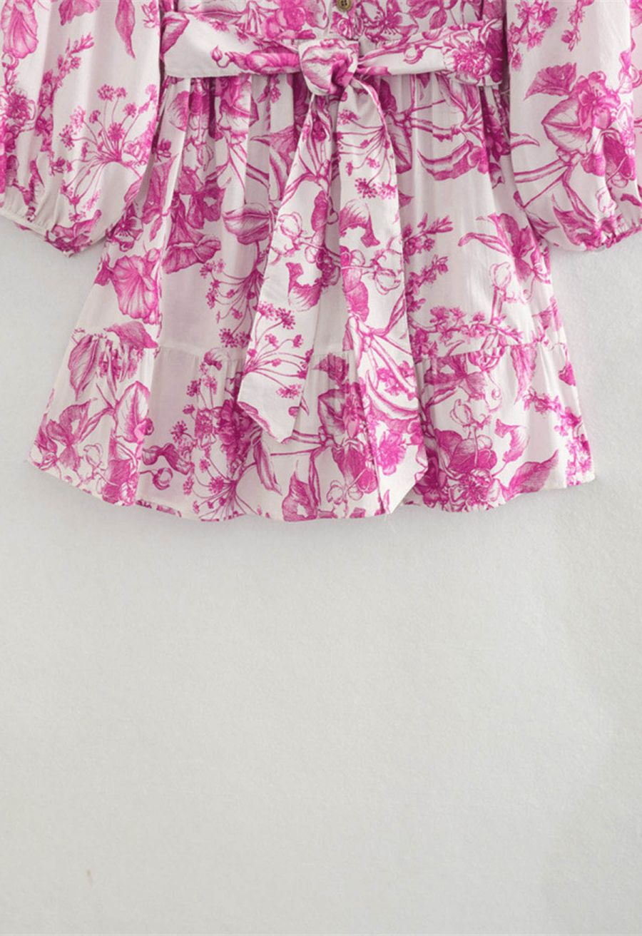 Watercolor Hot Pink Flower Lantern Sleeves Mini Dress