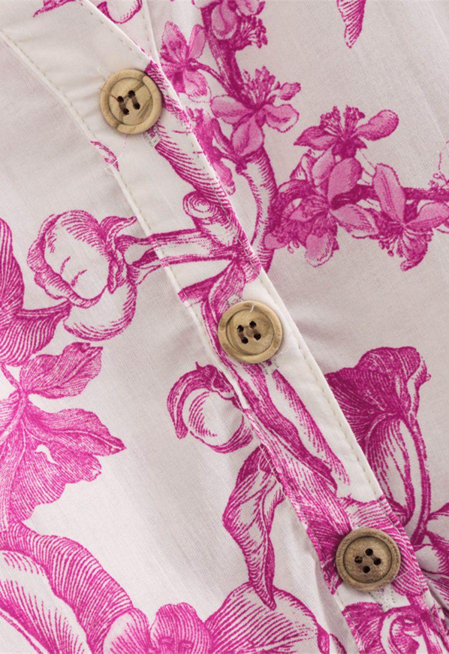 Watercolor Hot Pink Flower Lantern Sleeves Mini Dress