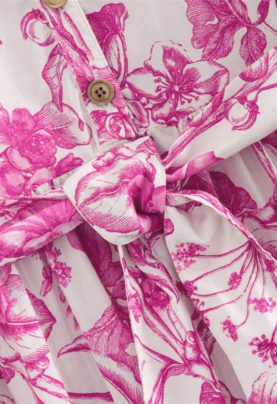 Watercolor Hot Pink Flower Lantern Sleeves Mini Dress
