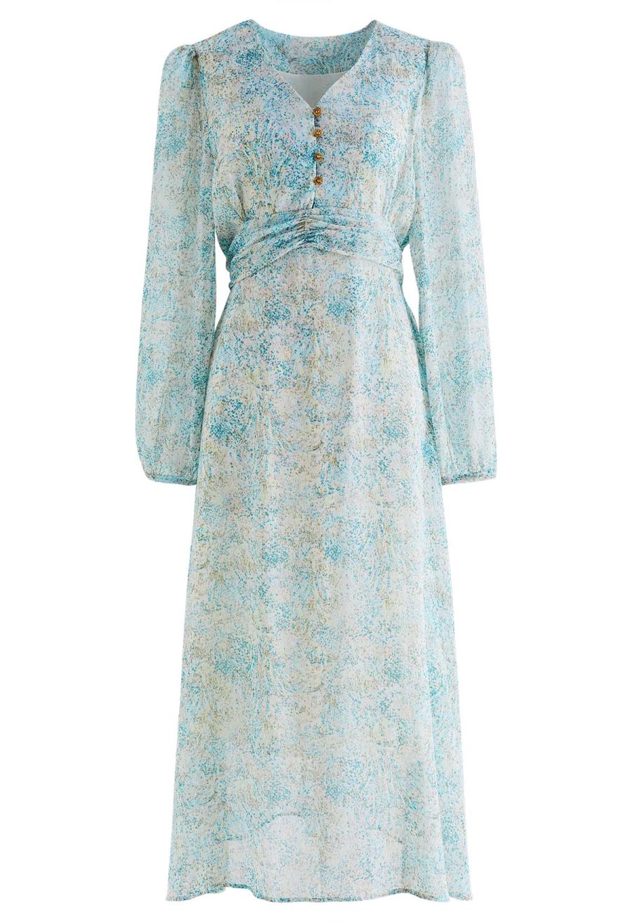 V-Neck Spots Tie Waist Chiffon Dress in Blue