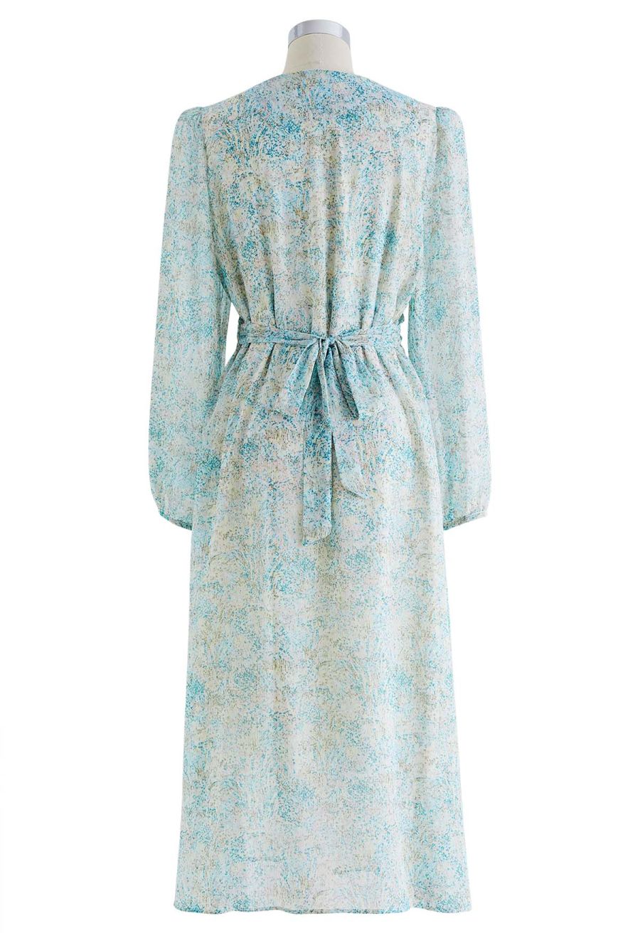 V-Neck Spots Tie Waist Chiffon Dress in Blue