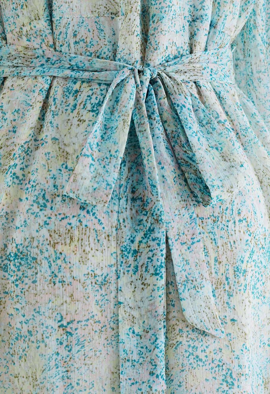 V-Neck Spots Tie Waist Chiffon Dress in Blue