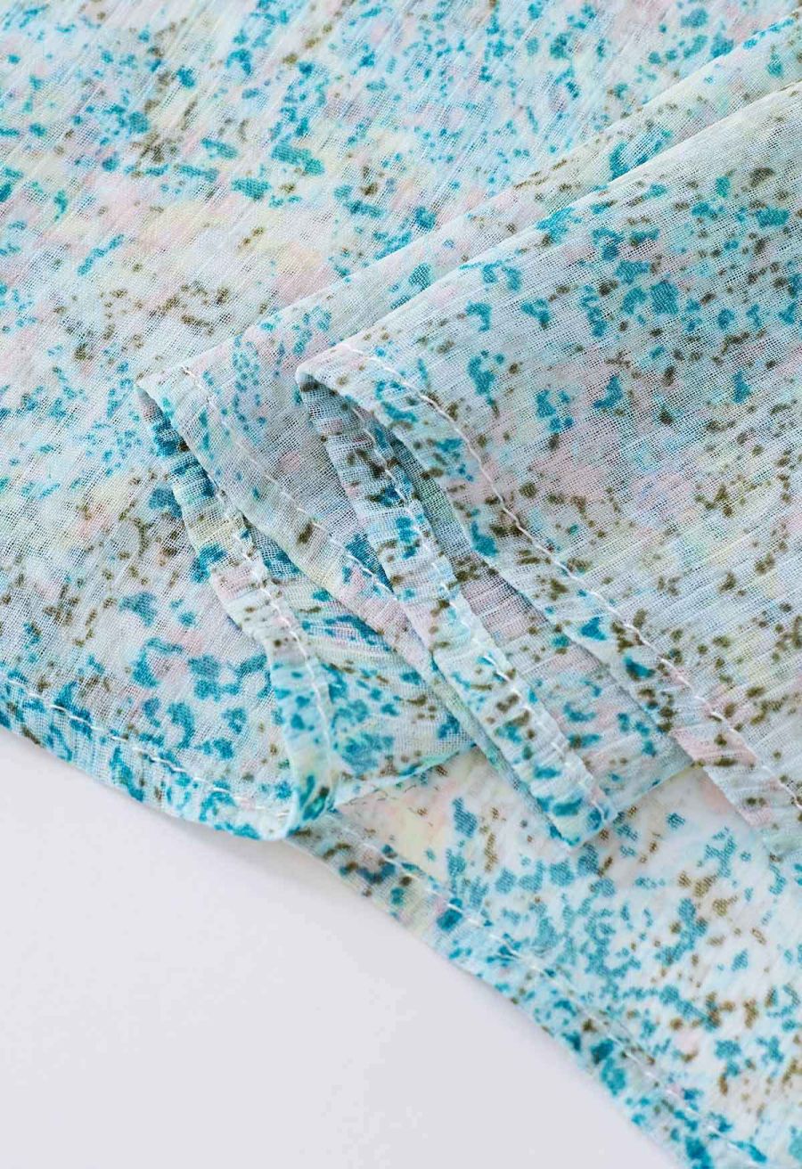 V-Neck Spots Tie Waist Chiffon Dress in Blue