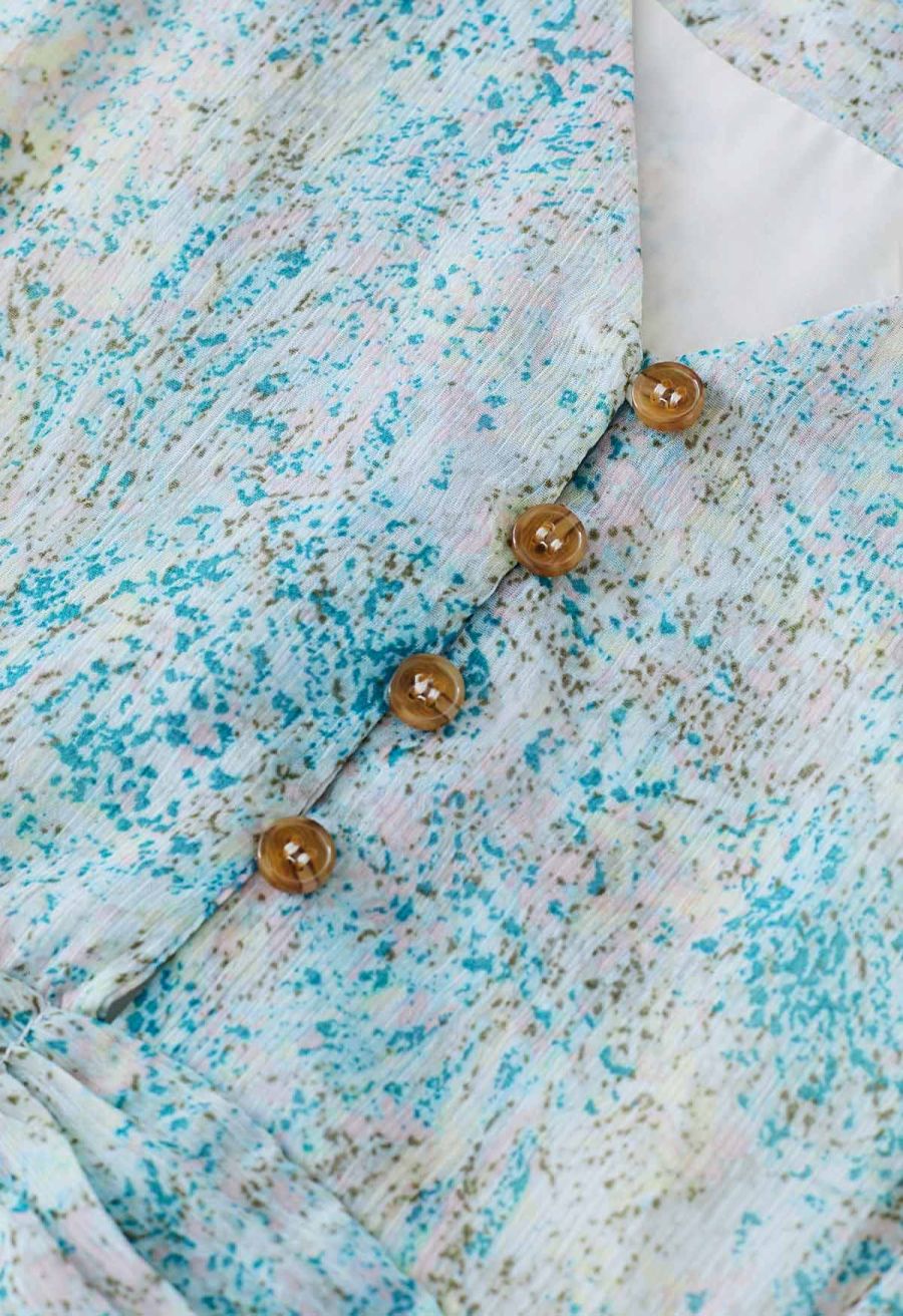 V-Neck Spots Tie Waist Chiffon Dress in Blue