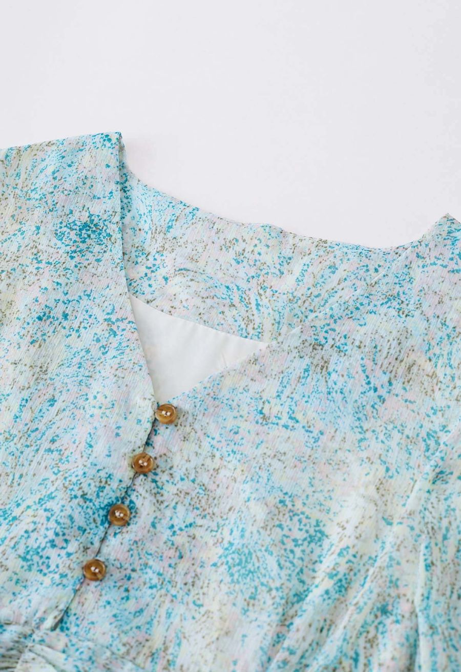 V-Neck Spots Tie Waist Chiffon Dress in Blue