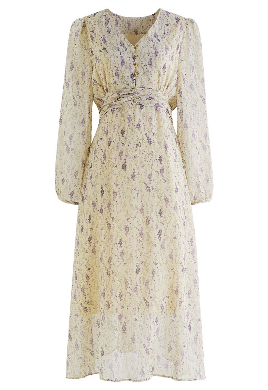 V-Neck Floral Tie Waist Chiffon Dress in Light Yellow