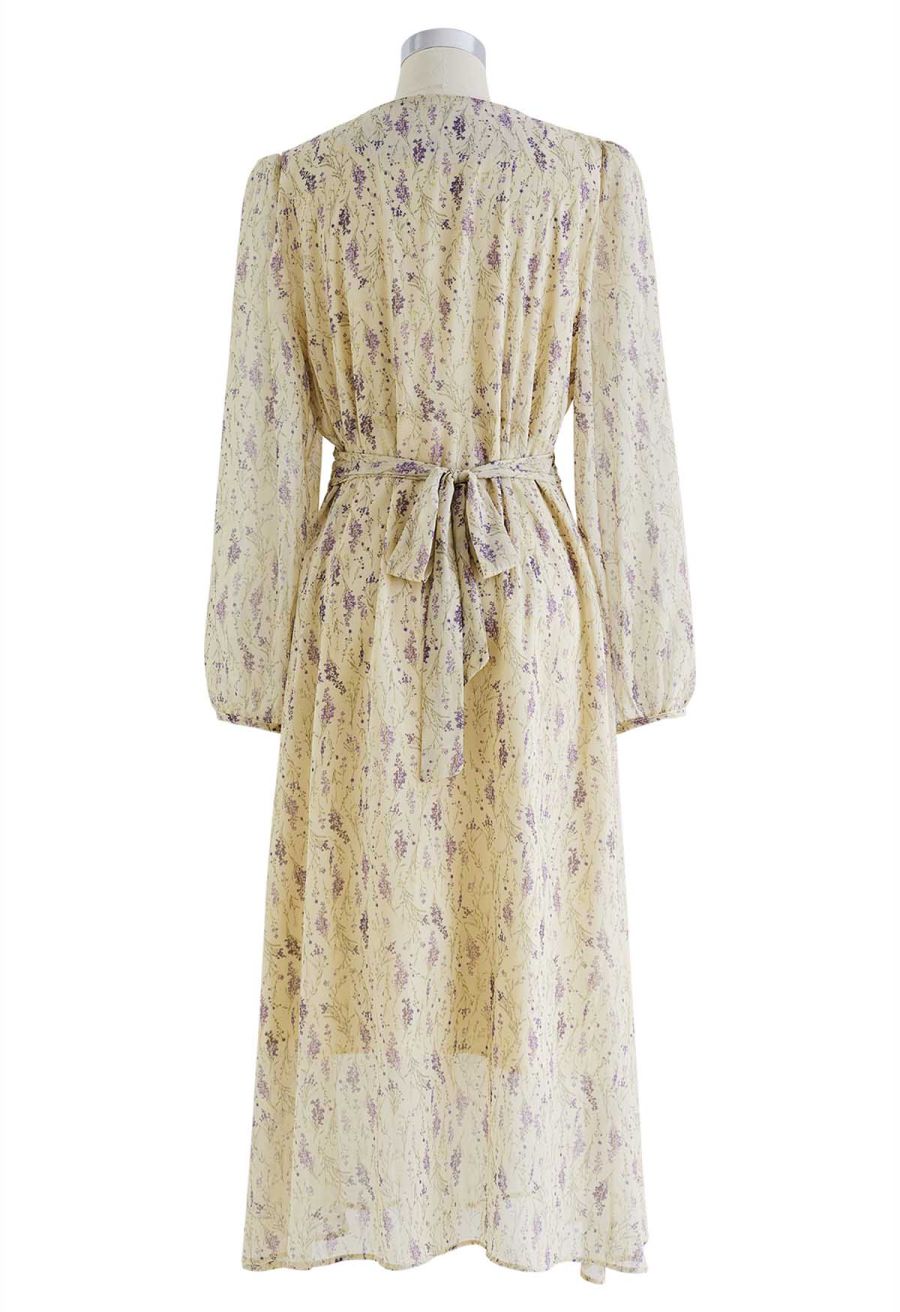 V-Neck Floral Tie Waist Chiffon Dress in Light Yellow
