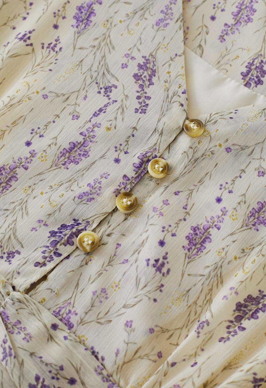 V-Neck Floral Tie Waist Chiffon Dress in Light Yellow