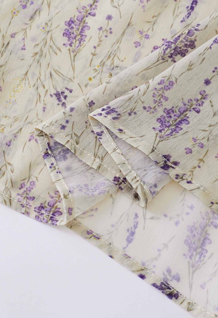 V-Neck Floral Tie Waist Chiffon Dress in Light Yellow