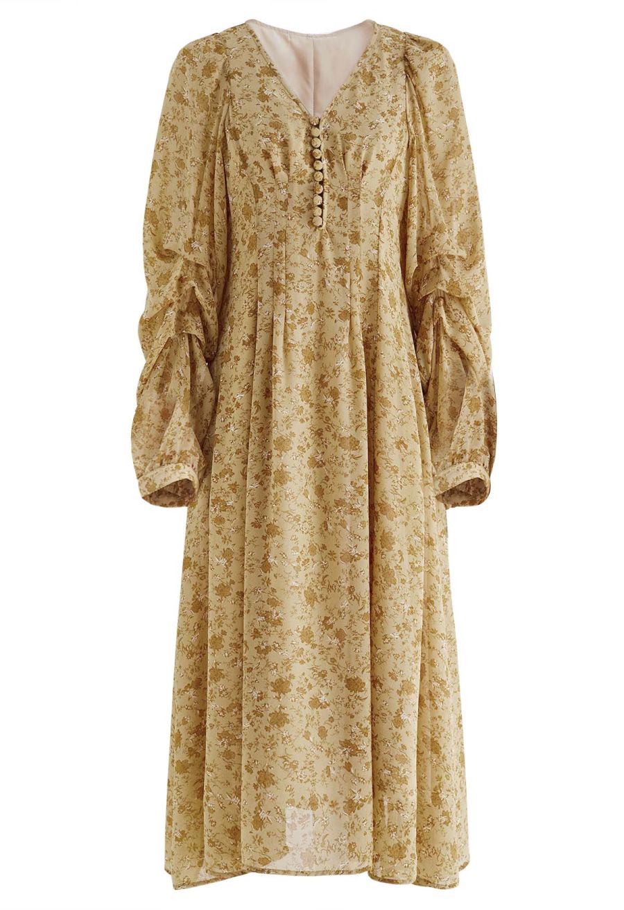 Ditsy Floral Lantern Sleeve Midi Dress