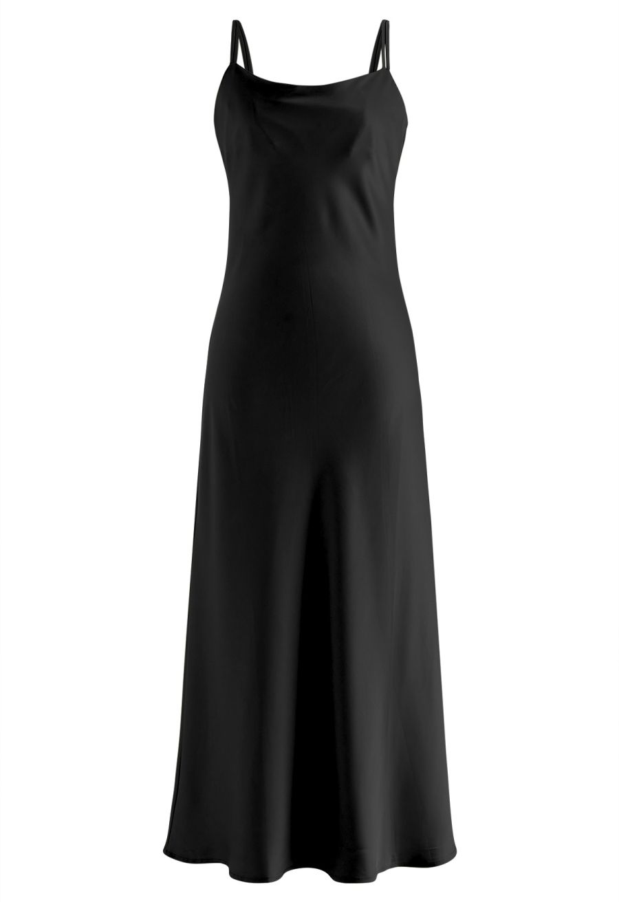 Double Straps Satin Cami Dress in Black