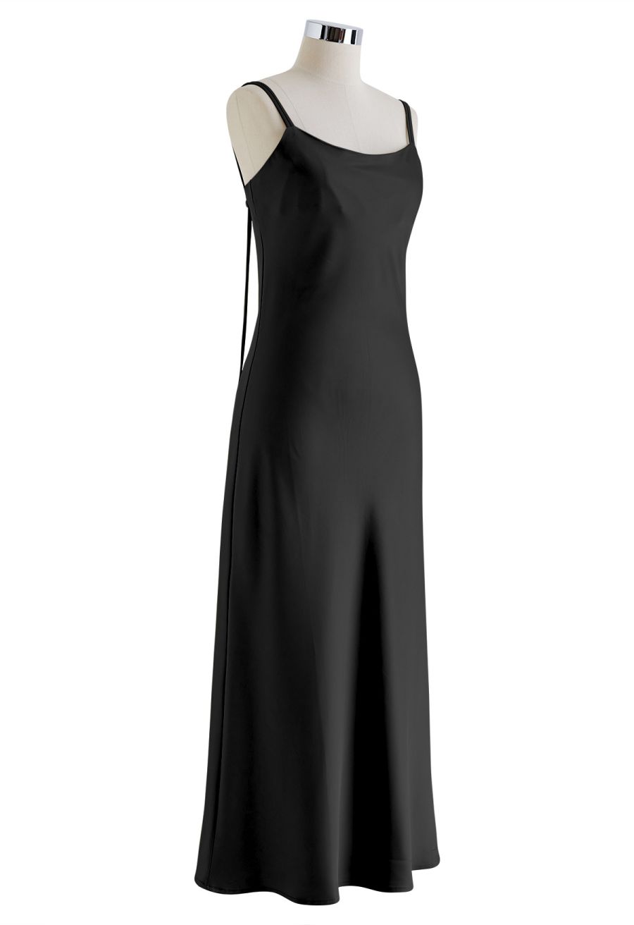 Double Straps Satin Cami Dress in Black