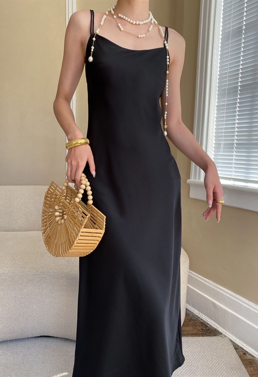Double Straps Satin Cami Dress in Black