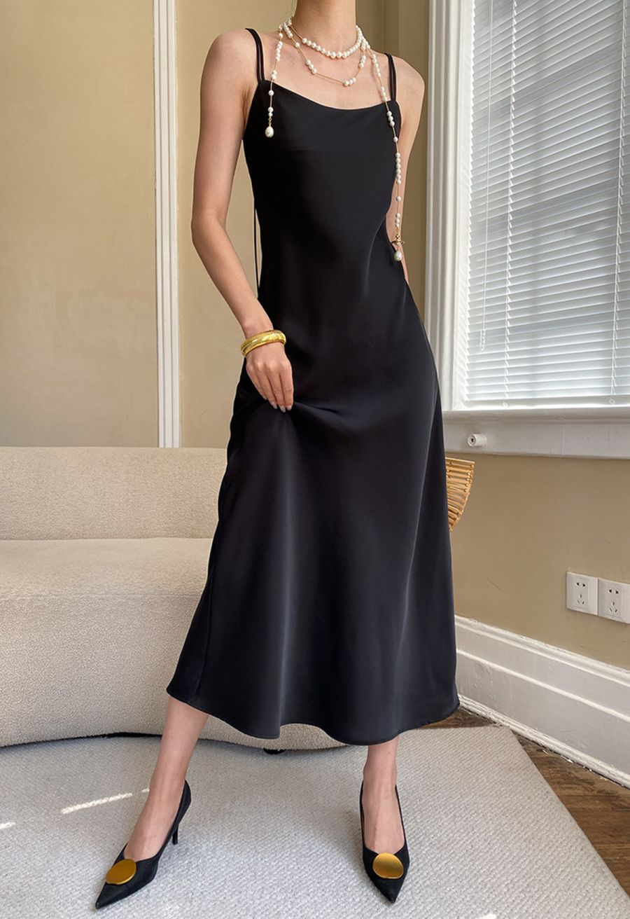 Double Straps Satin Cami Dress in Black
