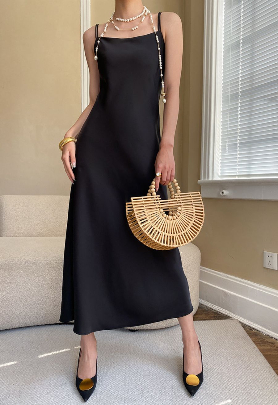 Double Straps Satin Cami Dress in Black