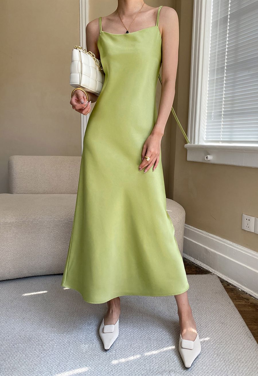 Double Straps Satin Cami Dress in Lime