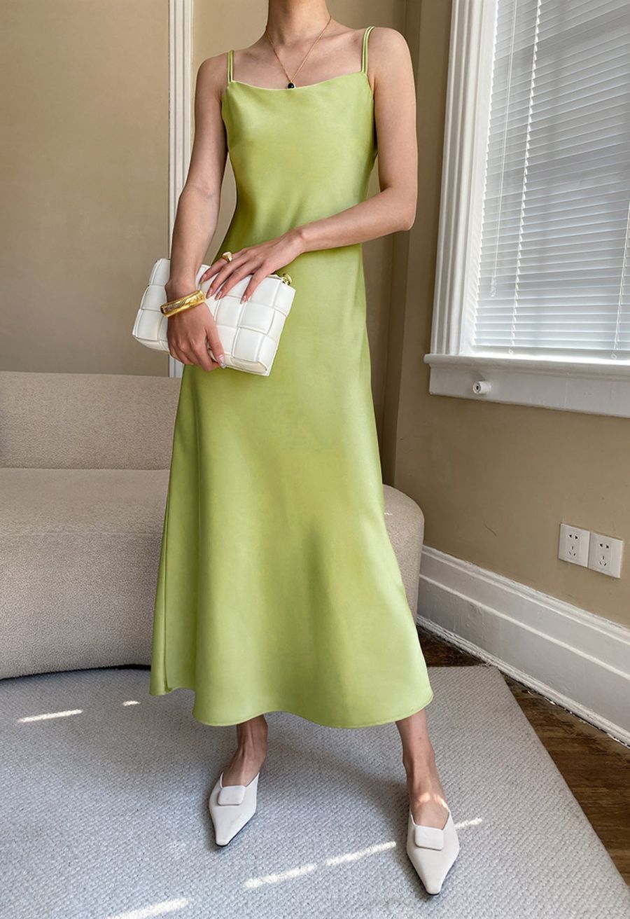 Double Straps Satin Cami Dress in Lime