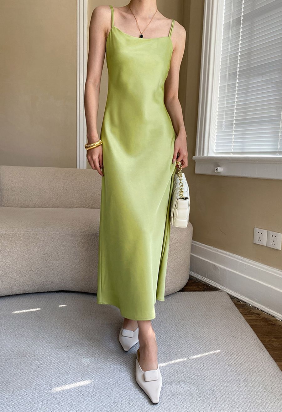 Double Straps Satin Cami Dress in Lime