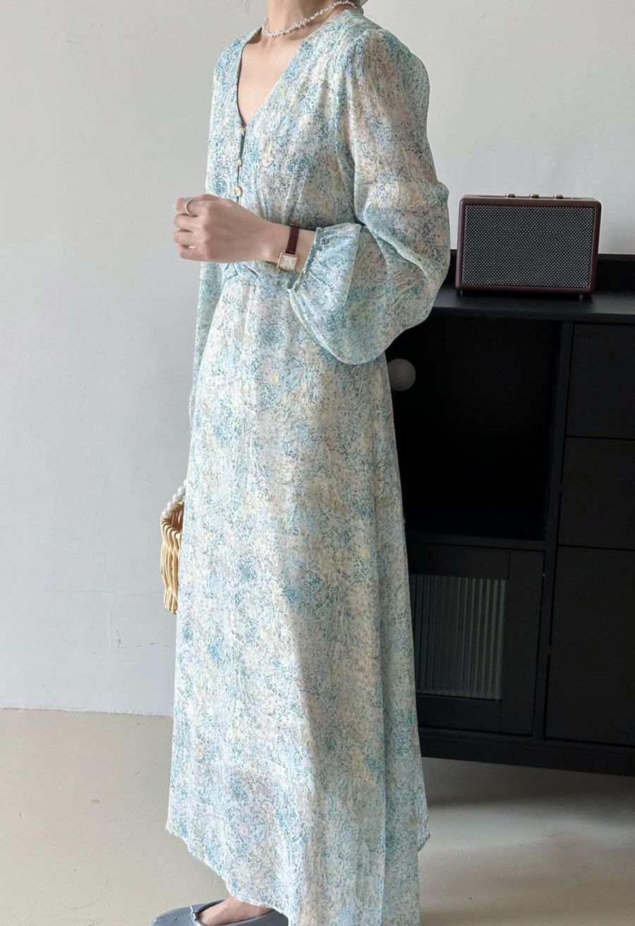 V-Neck Spots Tie Waist Chiffon Dress in Blue