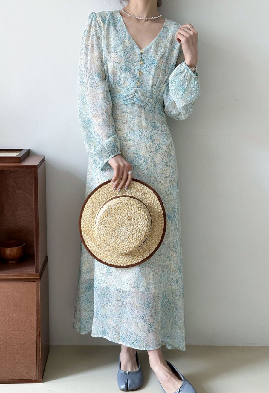 V-Neck Spots Tie Waist Chiffon Dress in Blue