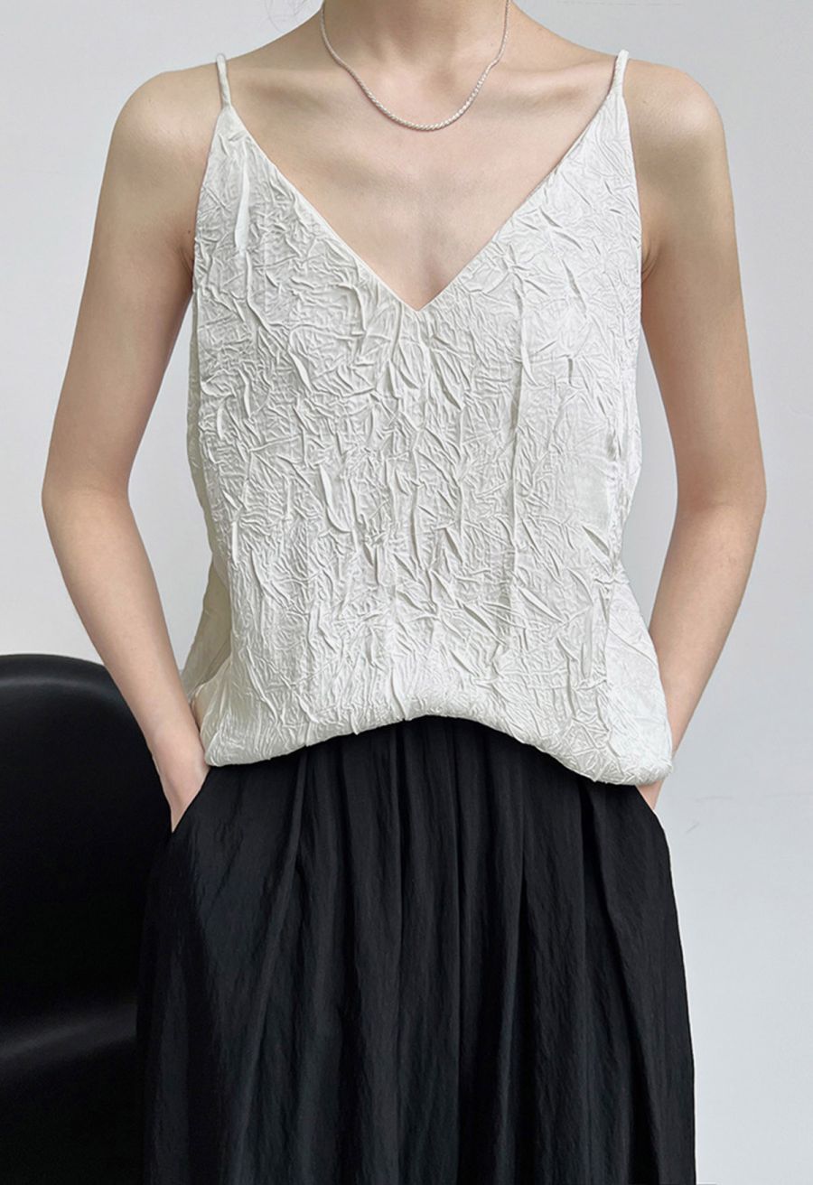 Embossed Texture V-Neck Cami Top in White