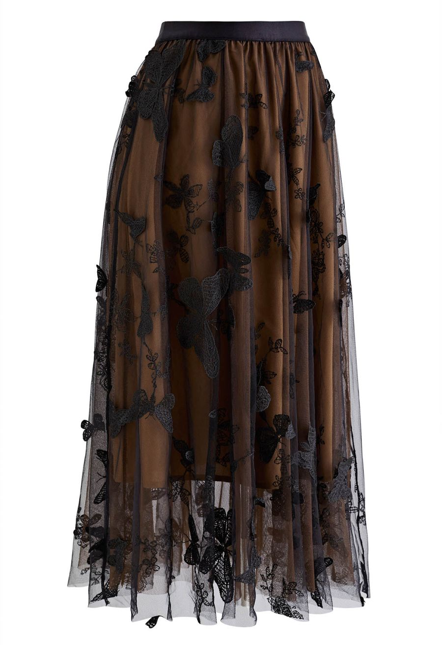 3D Butterfly Double-Layered Mesh Midi Skirt in Tan