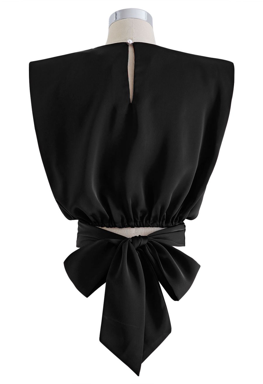 Satin Tie Back Sleeveless Top in Black