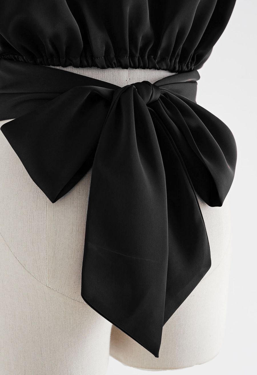 Satin Tie Back Sleeveless Top in Black