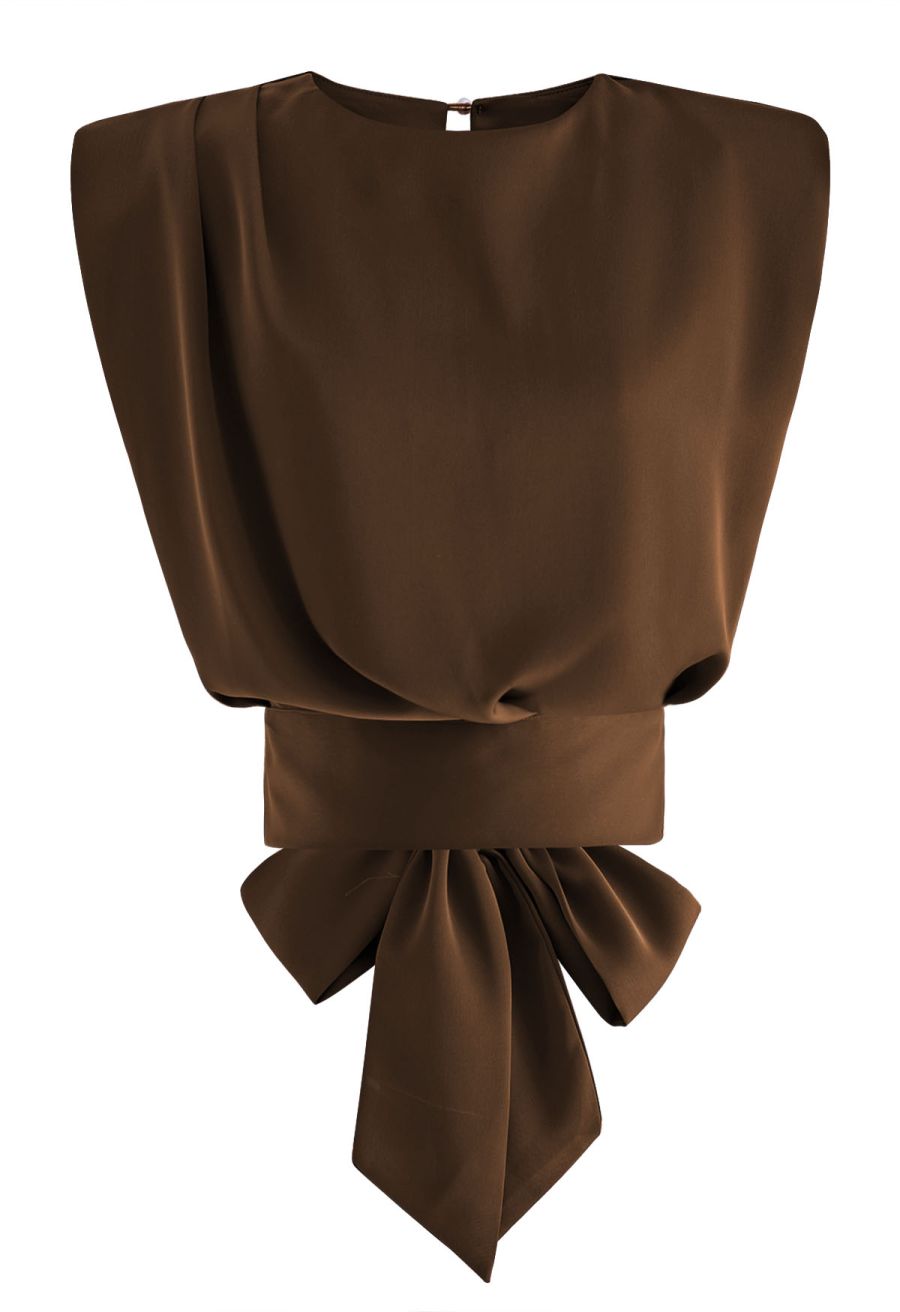 Satin Tie Back Sleeveless Top in Brown