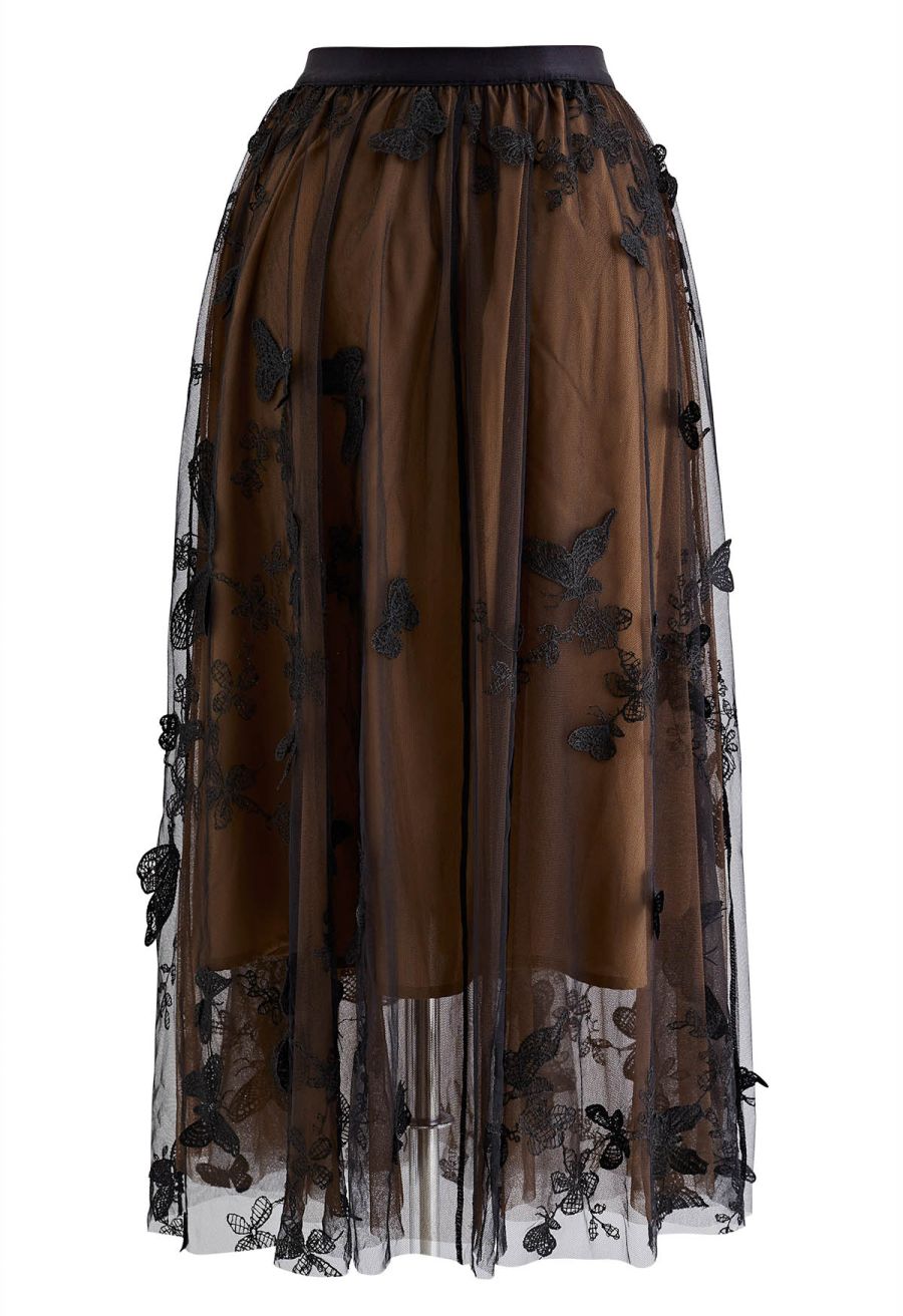 3D Butterfly Double-Layered Mesh Midi Skirt in Tan