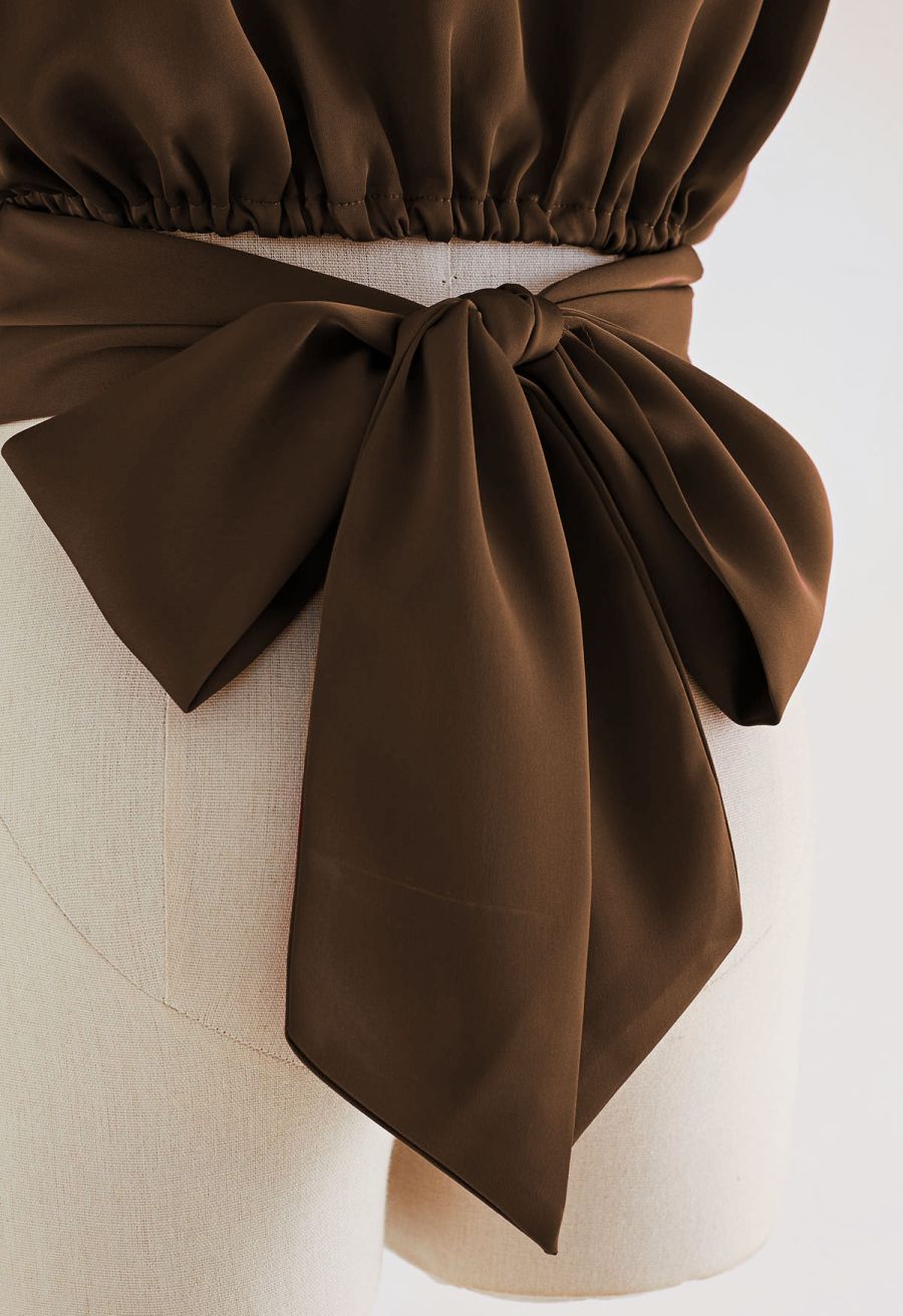 Satin Tie Back Sleeveless Top in Brown