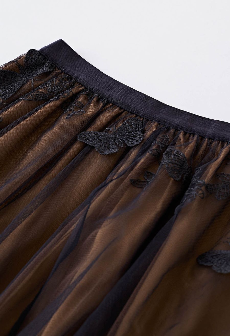 3D Butterfly Double-Layered Mesh Midi Skirt in Tan