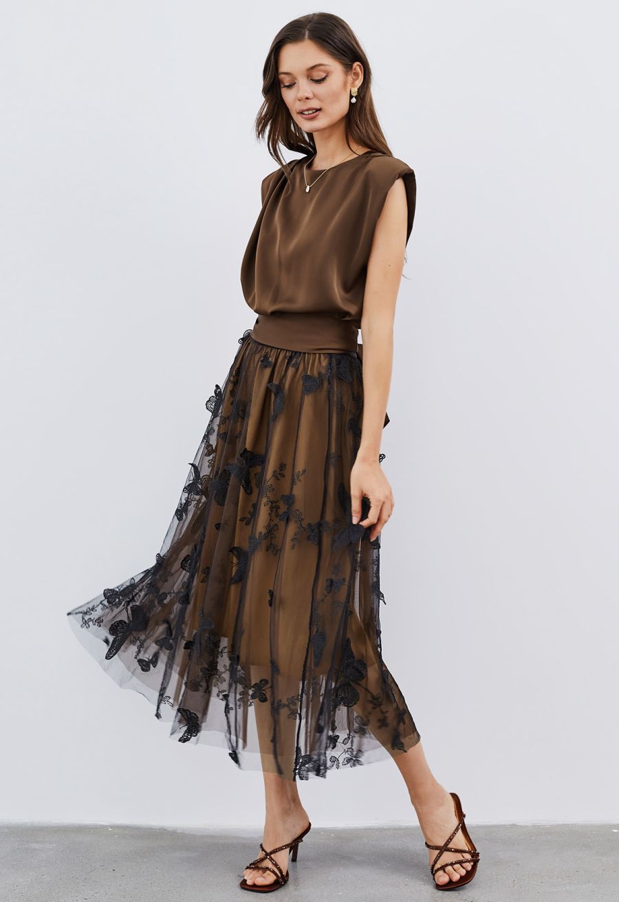 Satin Tie Back Sleeveless Top in Brown