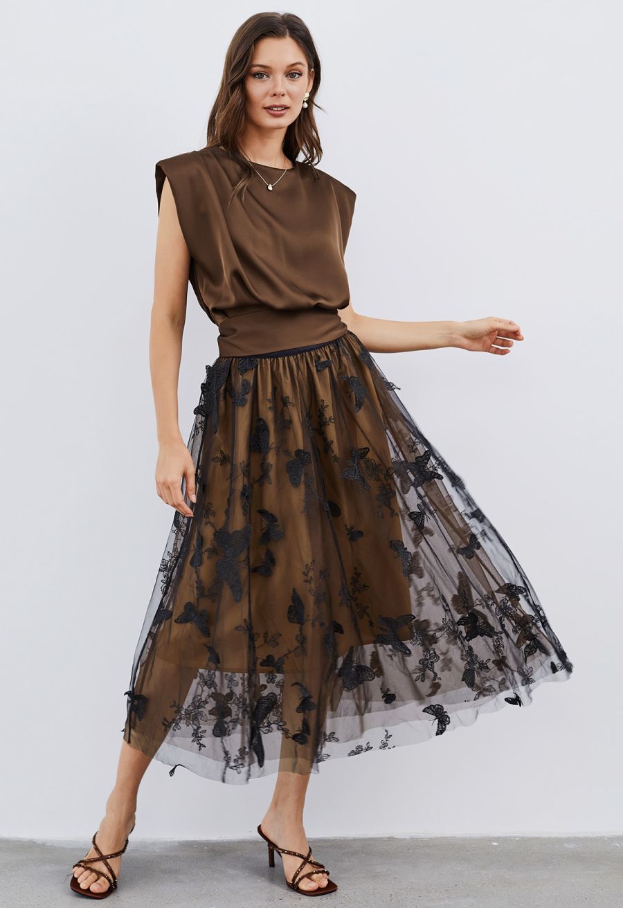 Satin Tie Back Sleeveless Top in Brown
