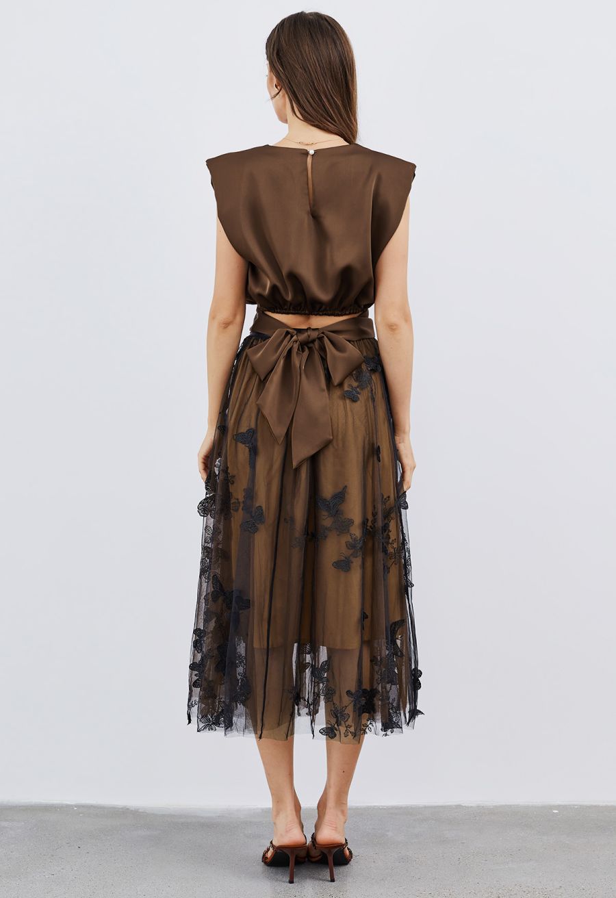 3D Butterfly Double-Layered Mesh Midi Skirt in Tan