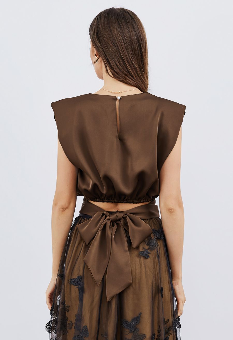 Satin Tie Back Sleeveless Top in Brown