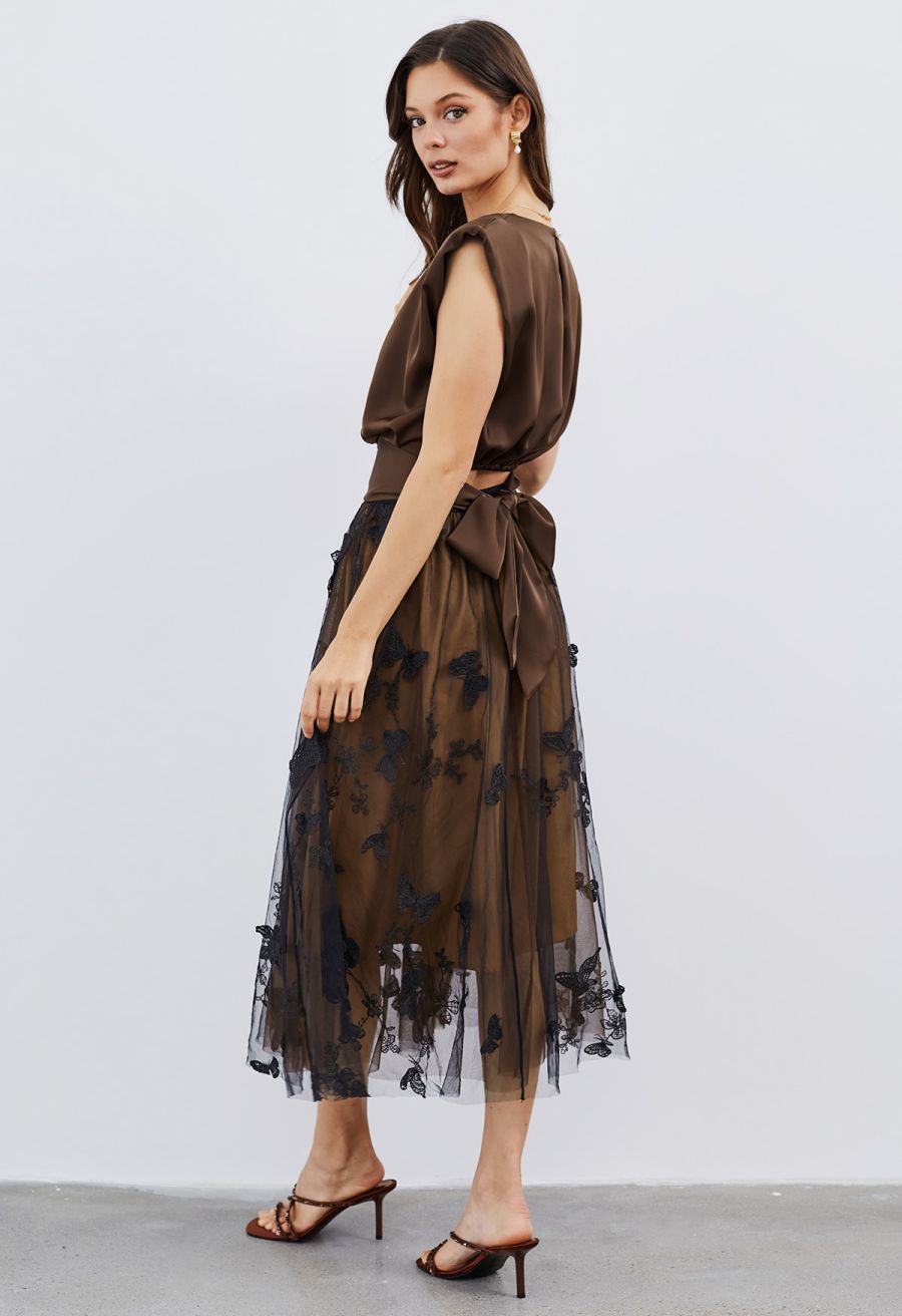 3D Butterfly Double-Layered Mesh Midi Skirt in Tan