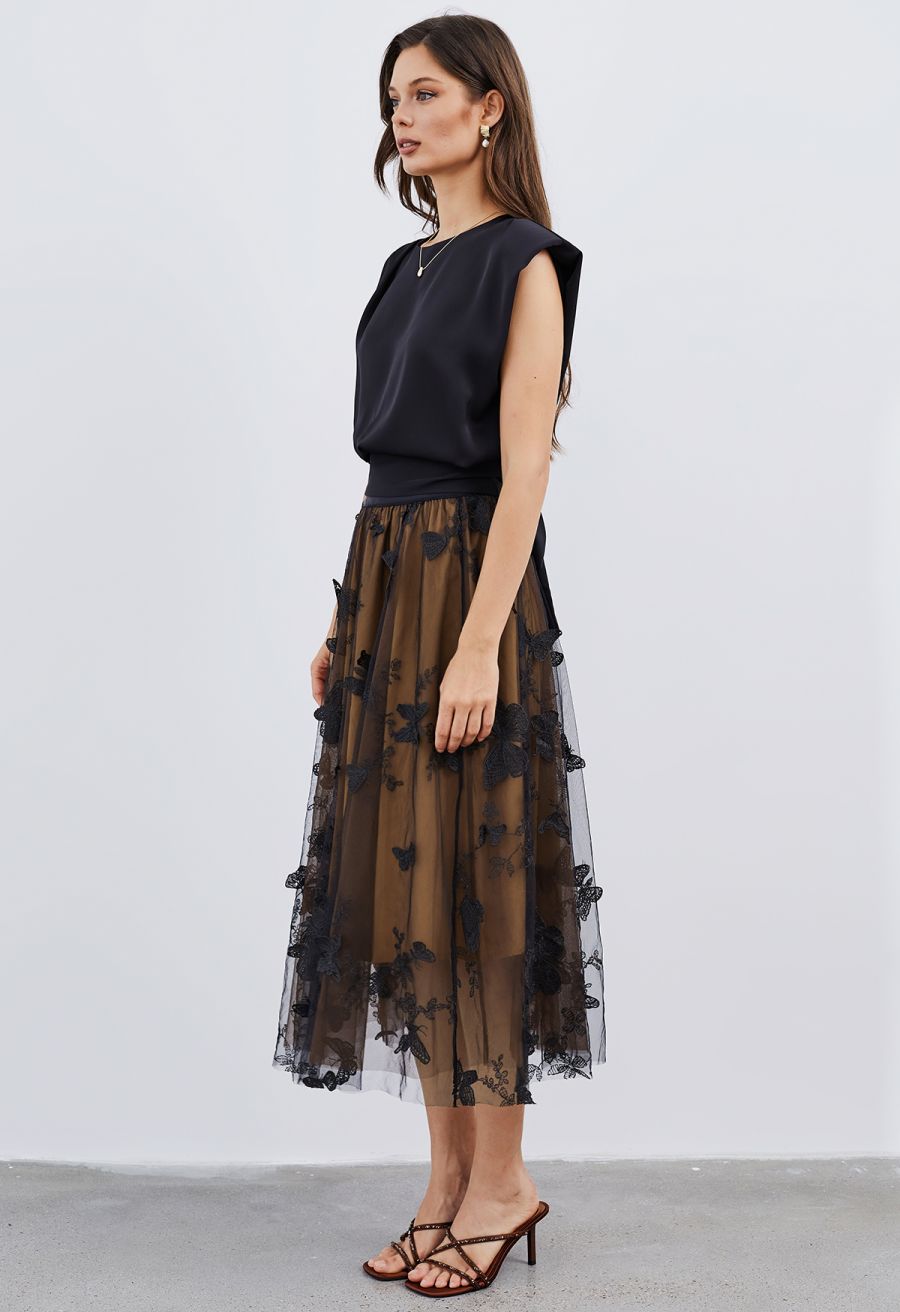 Satin Tie Back Sleeveless Top in Black