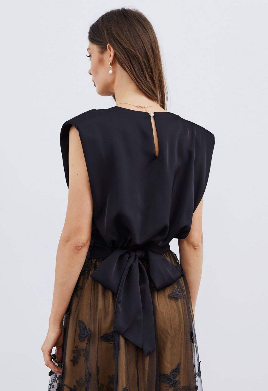 Satin Tie Back Sleeveless Top in Black