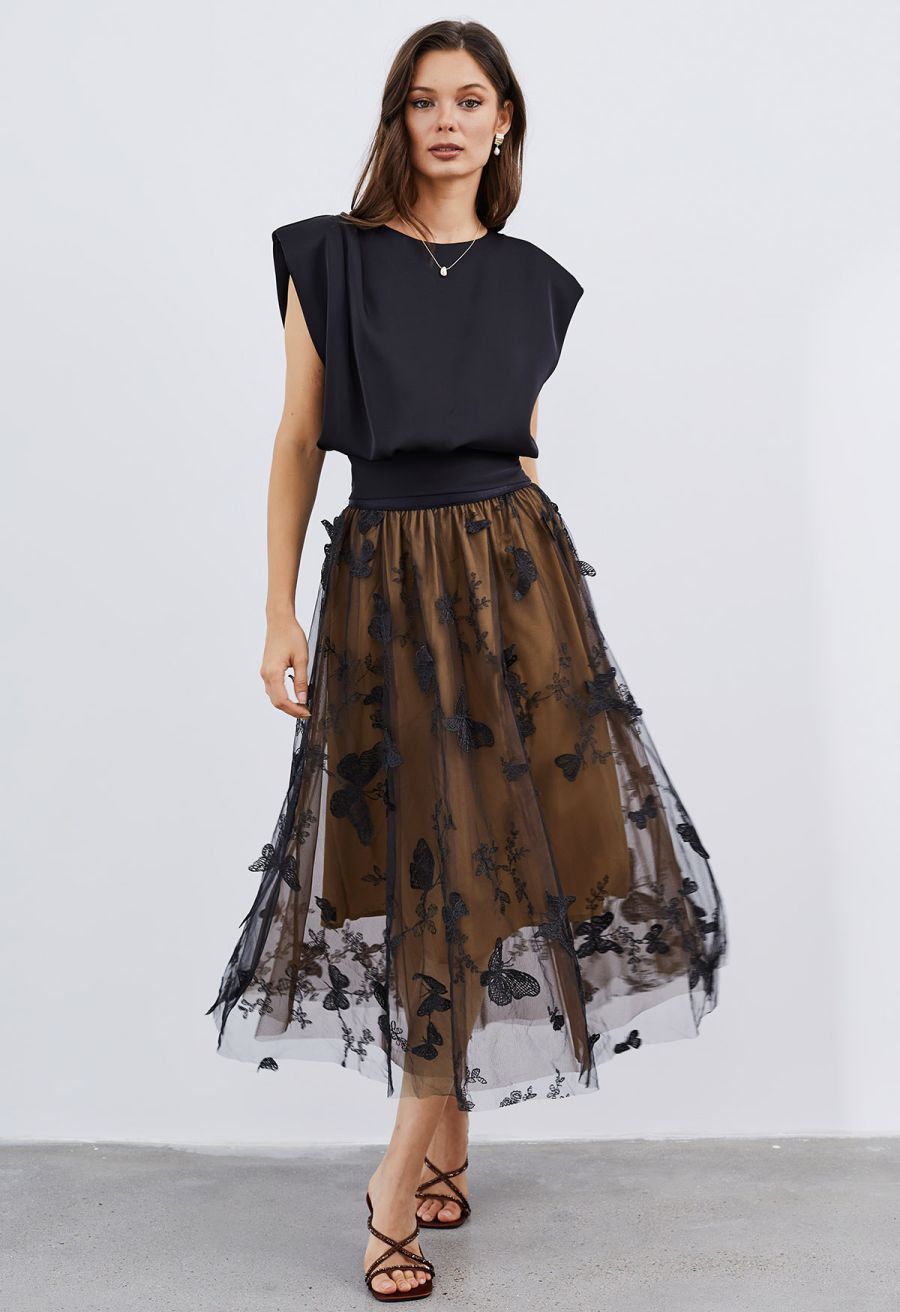 Satin Tie Back Sleeveless Top in Black