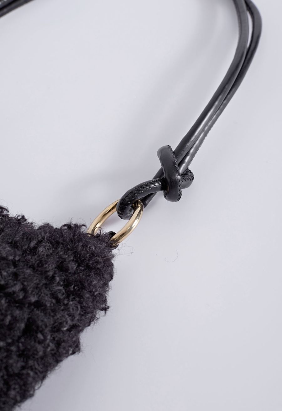 Double String Soft Lambswool Shoulder Bag in Black