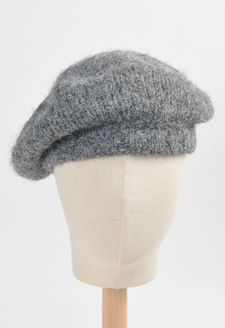 Fuzzy Wool-Blend Beret Hat in Grey