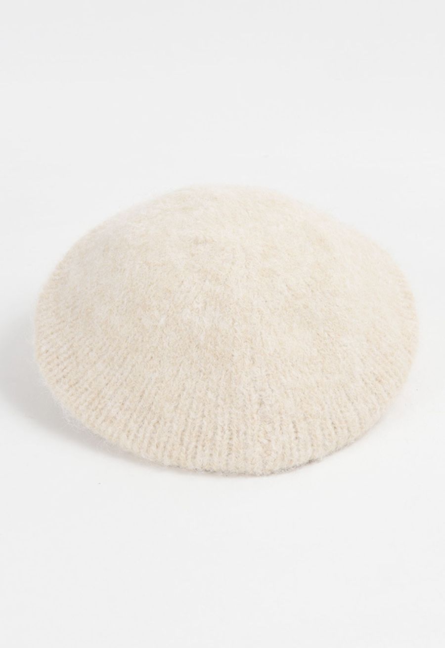 Fuzzy Wool-Blend Beret Hat in Cream