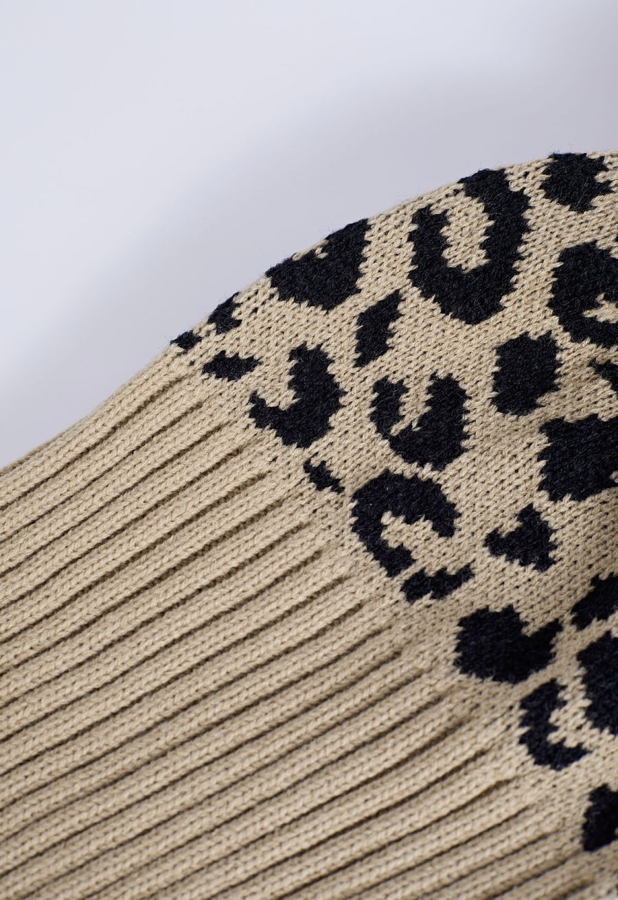 Fuzzy Pom-Pom Leopard Knit Beanie Hat in Khaki