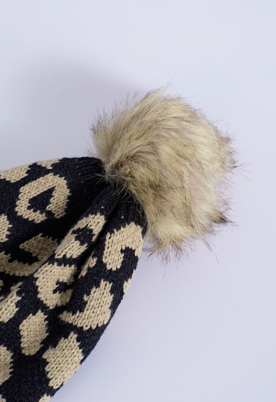 Fuzzy Pom-Pom Leopard Knit Beanie Hat in Black