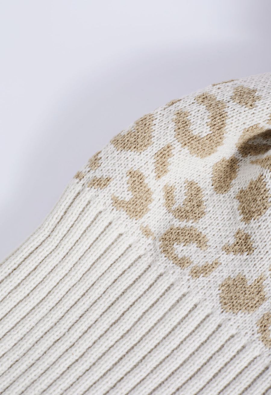 Fuzzy Pom-Pom Leopard Knit Beanie Hat in Oatmeal