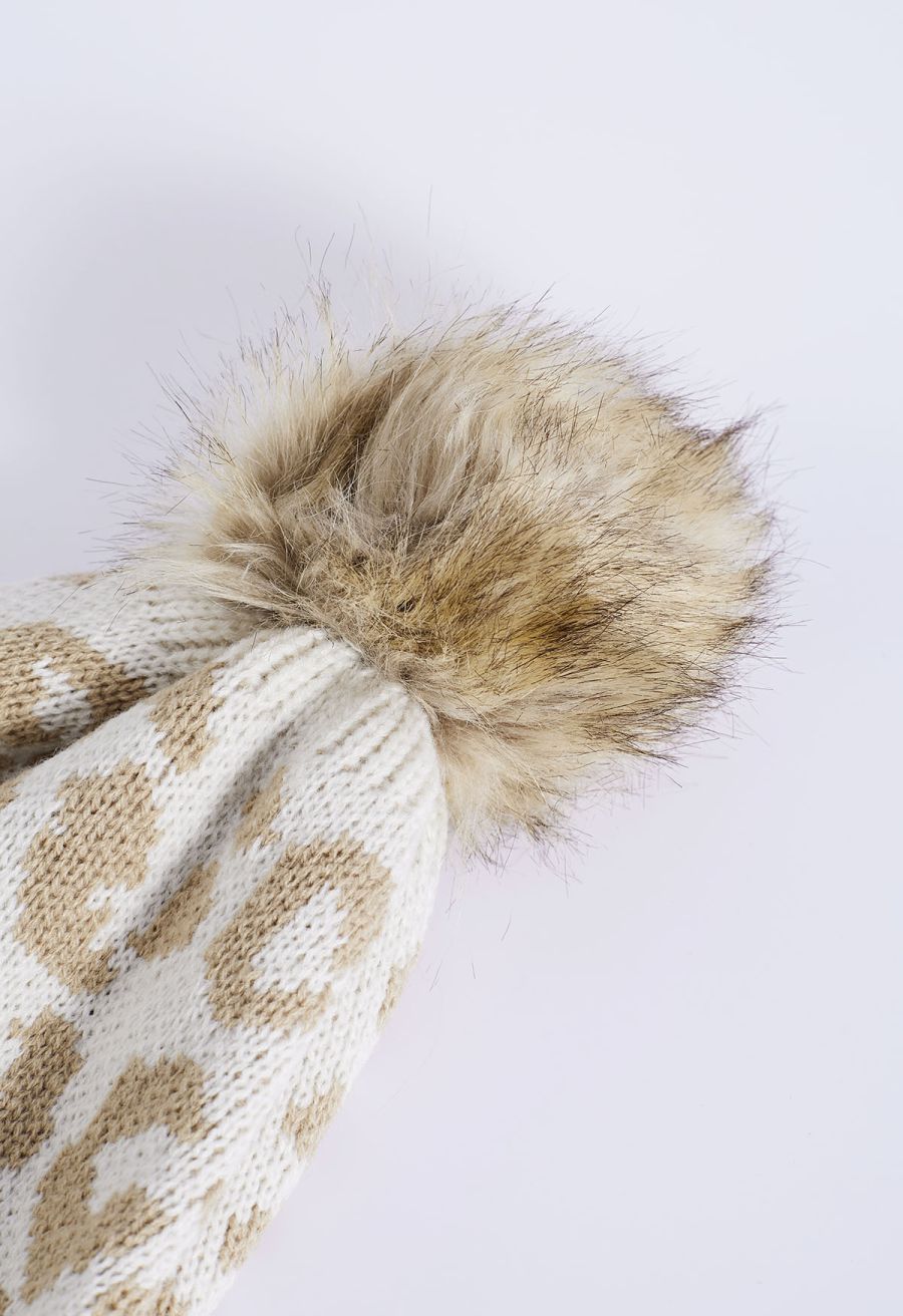 Fuzzy Pom-Pom Leopard Knit Beanie Hat in Oatmeal
